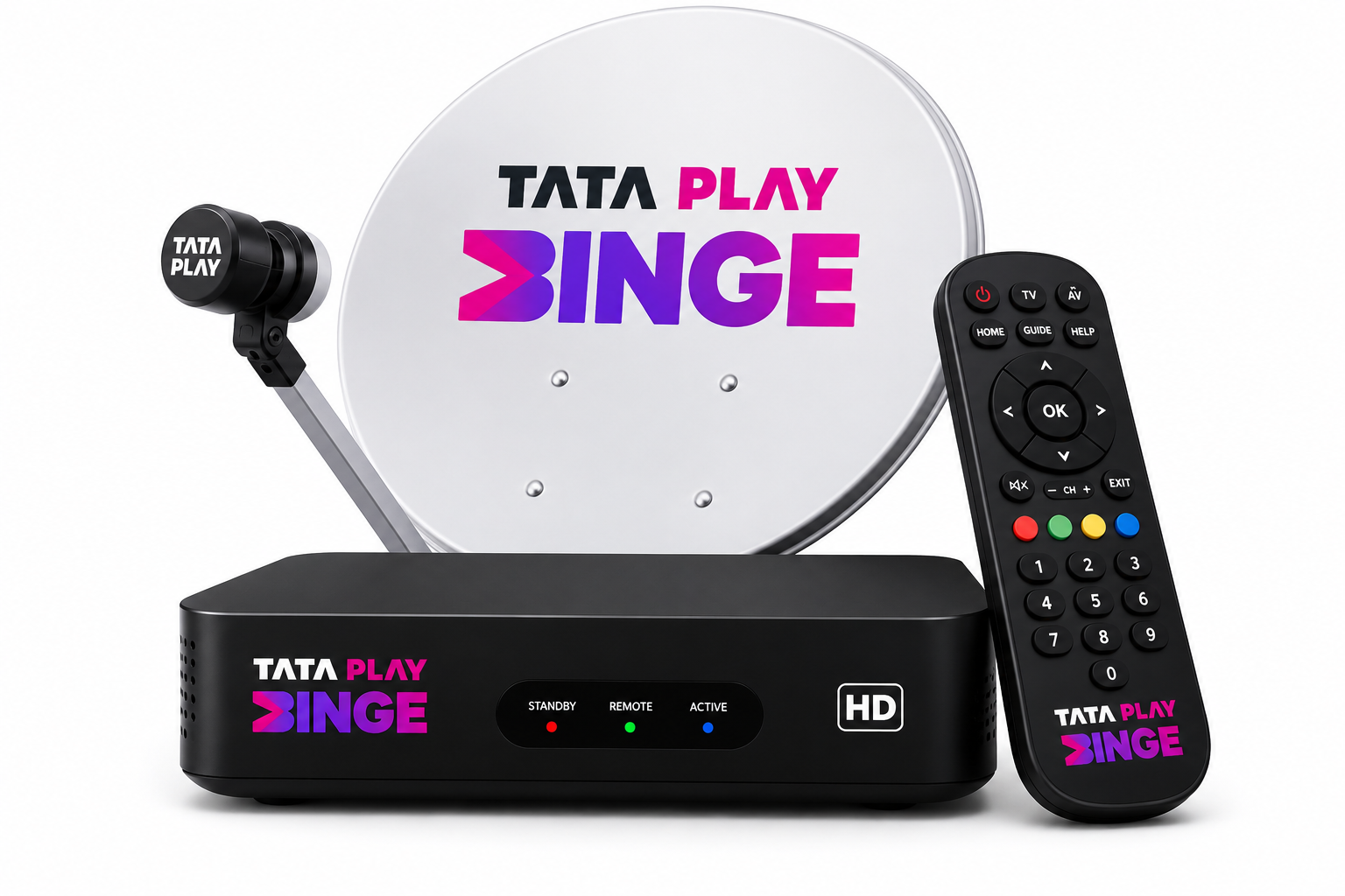 Tata Play Binge dish antenna, Binge set-top box and remote
