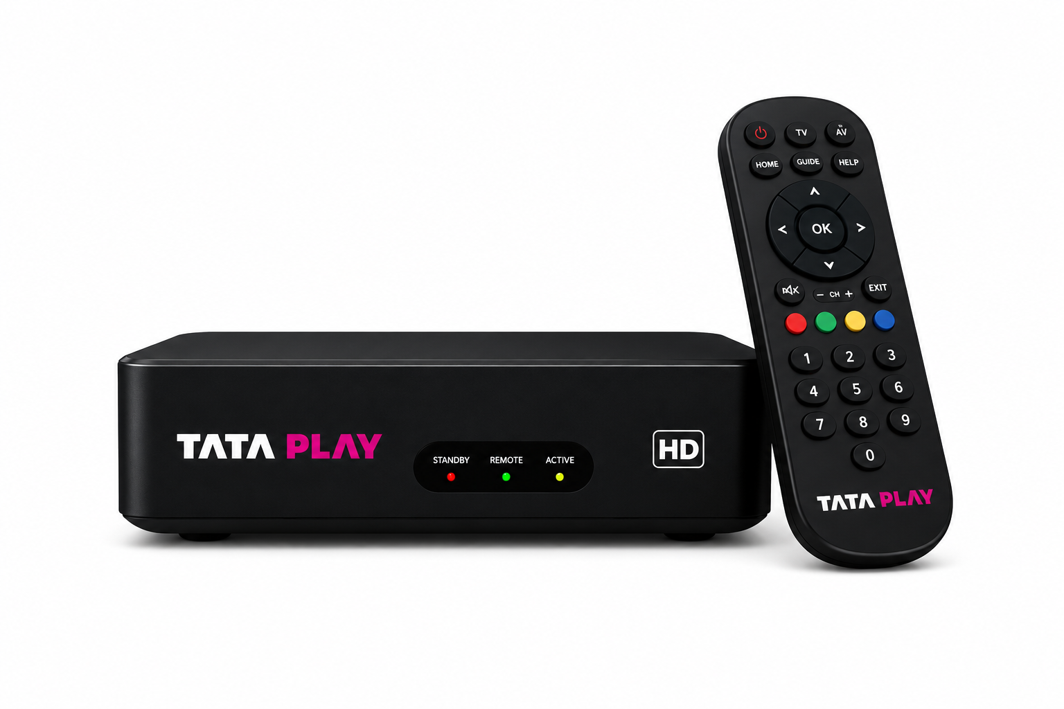 Tata Play HD set-top box and remote, without a dish antenna