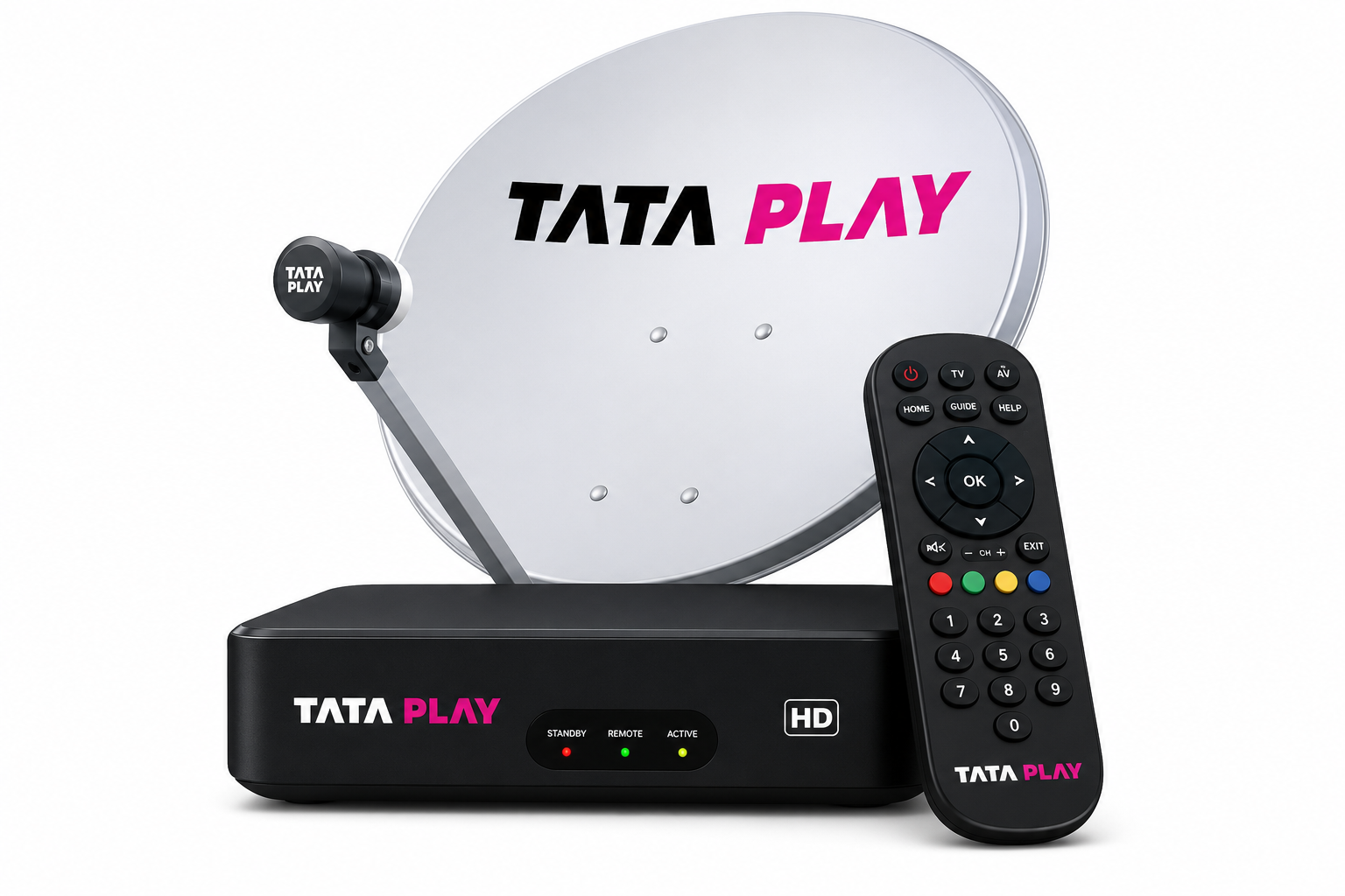 Tata Play HD dish antenna, set-top box and remote